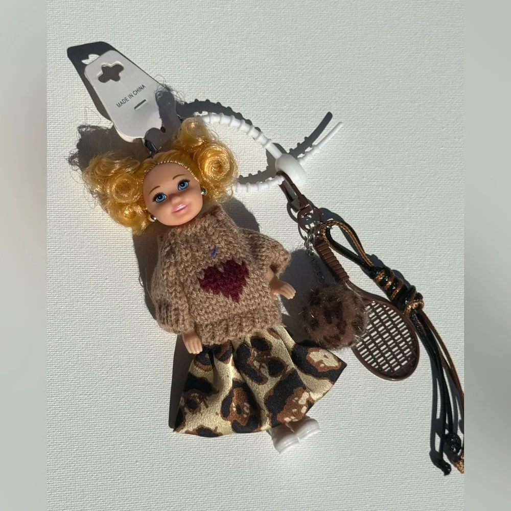 NWT! Doll Keychain with Heart Sweater and Patterned Skirt Tennis keychain